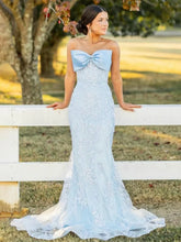 Long Mermaid Strapless Blue Prom Dresses Appliques with Bow